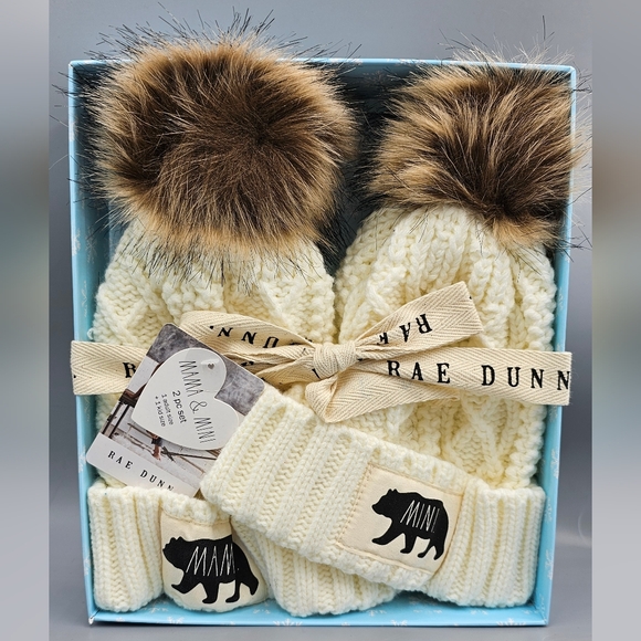 Rae Dunn "MAMA & MINI" Beanie Hat Set With Pom Pom in Ivory Christmas - Picture 1 of 6